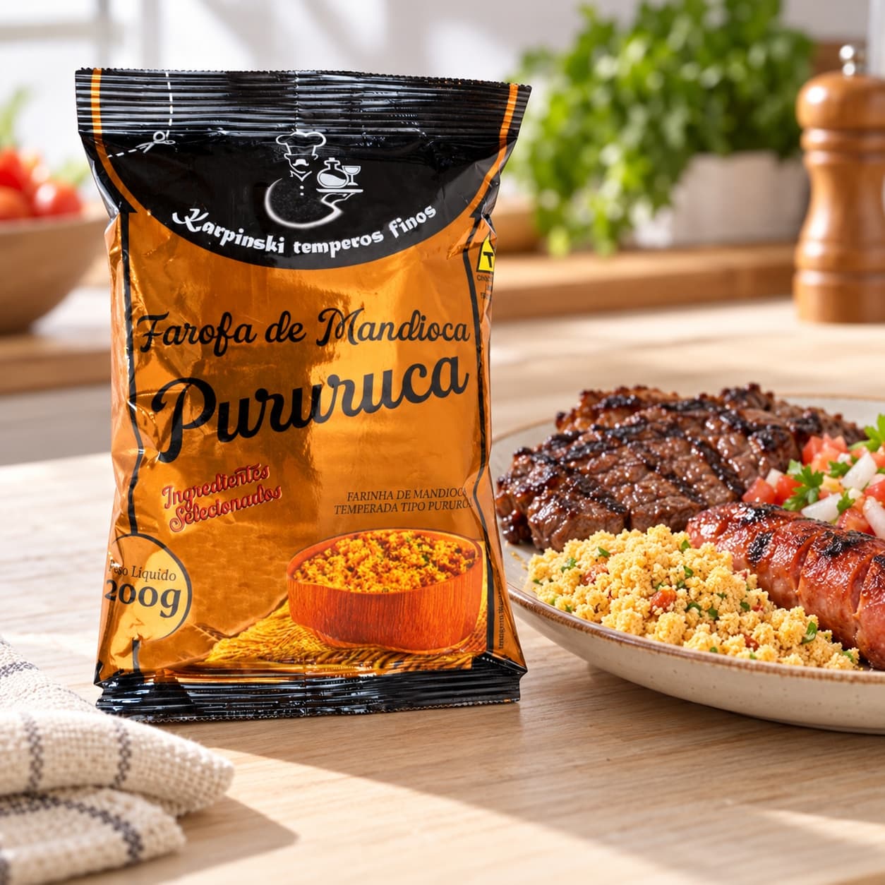Farofa de Mandioca Pururuca Karpinski 200 g — ao lado de refeição de churrasco
