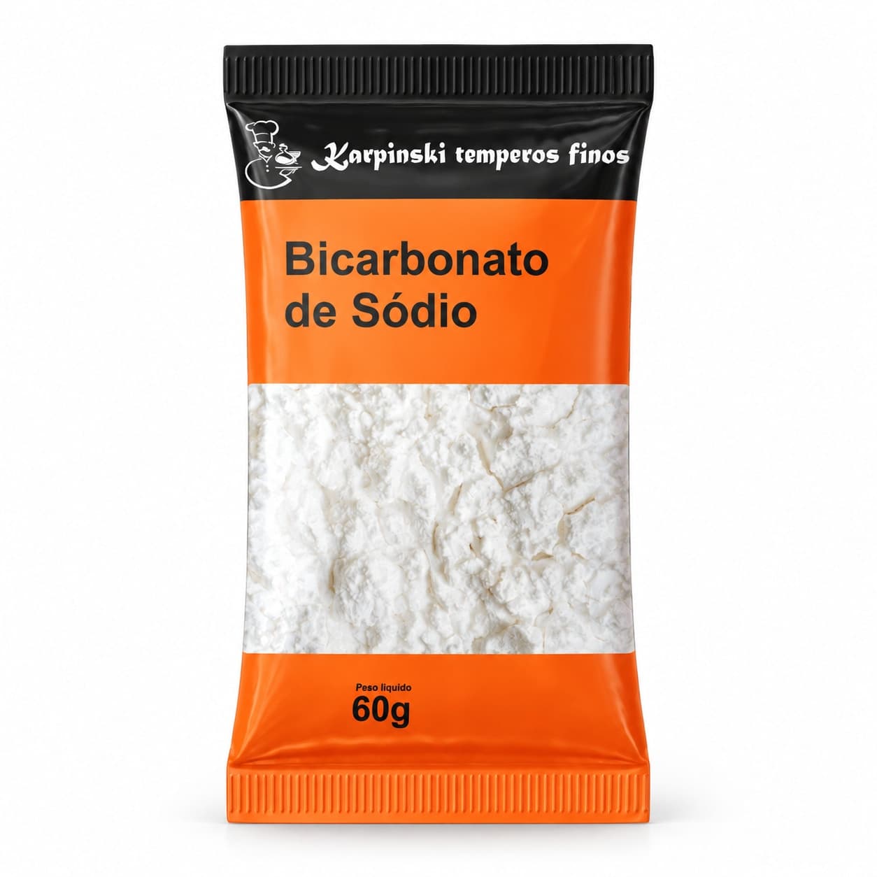 Bicarbonato de Sódio em Sachê Karpinski 60 g — embalagem em fundo branco