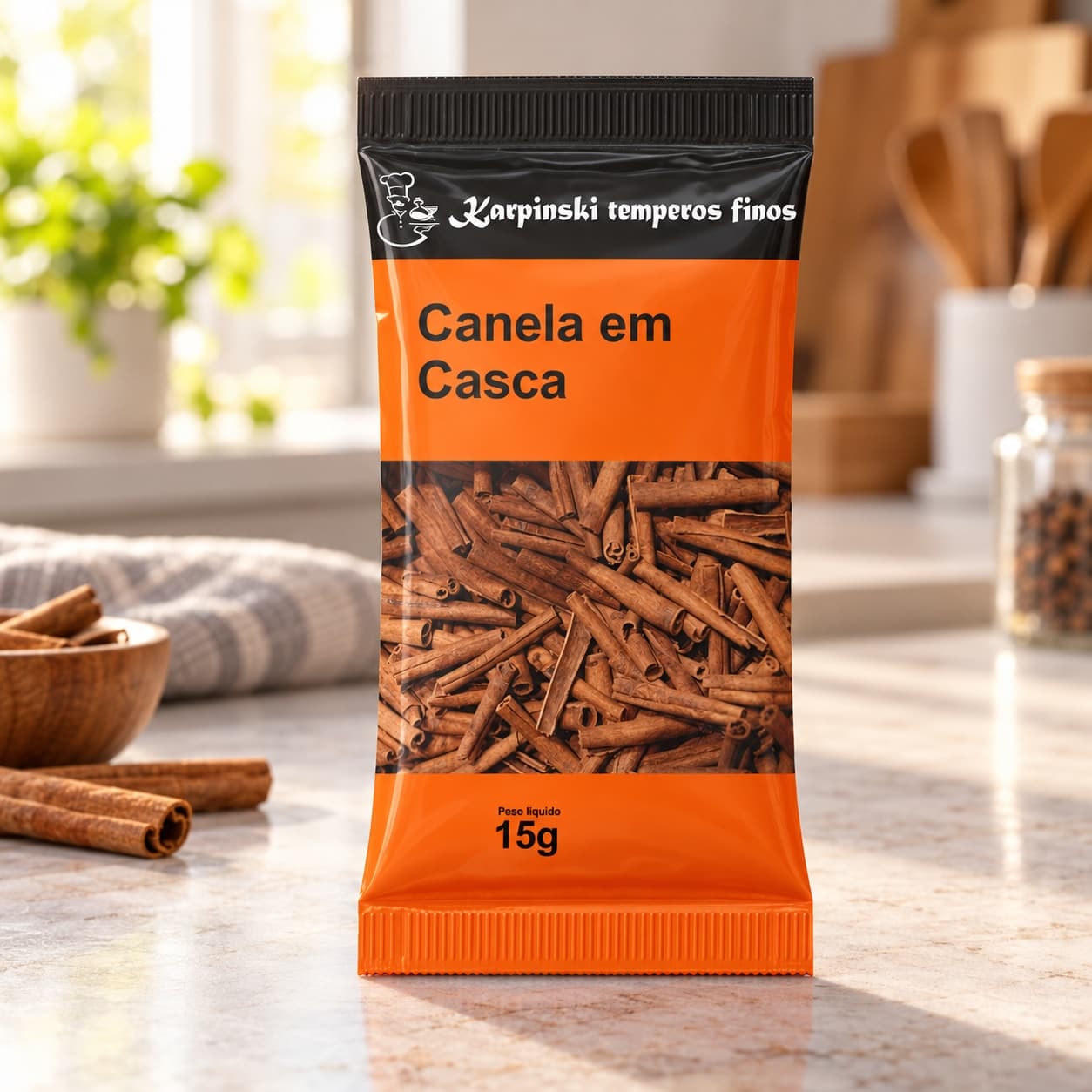 Canela em Casca em Sachê Karpinski 15 g — na bancada da cozinha