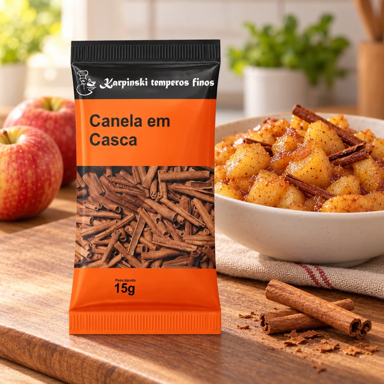 Canela em Casca em Sachê Karpinski 15 g — no preparo com maçãs cozidas com canela