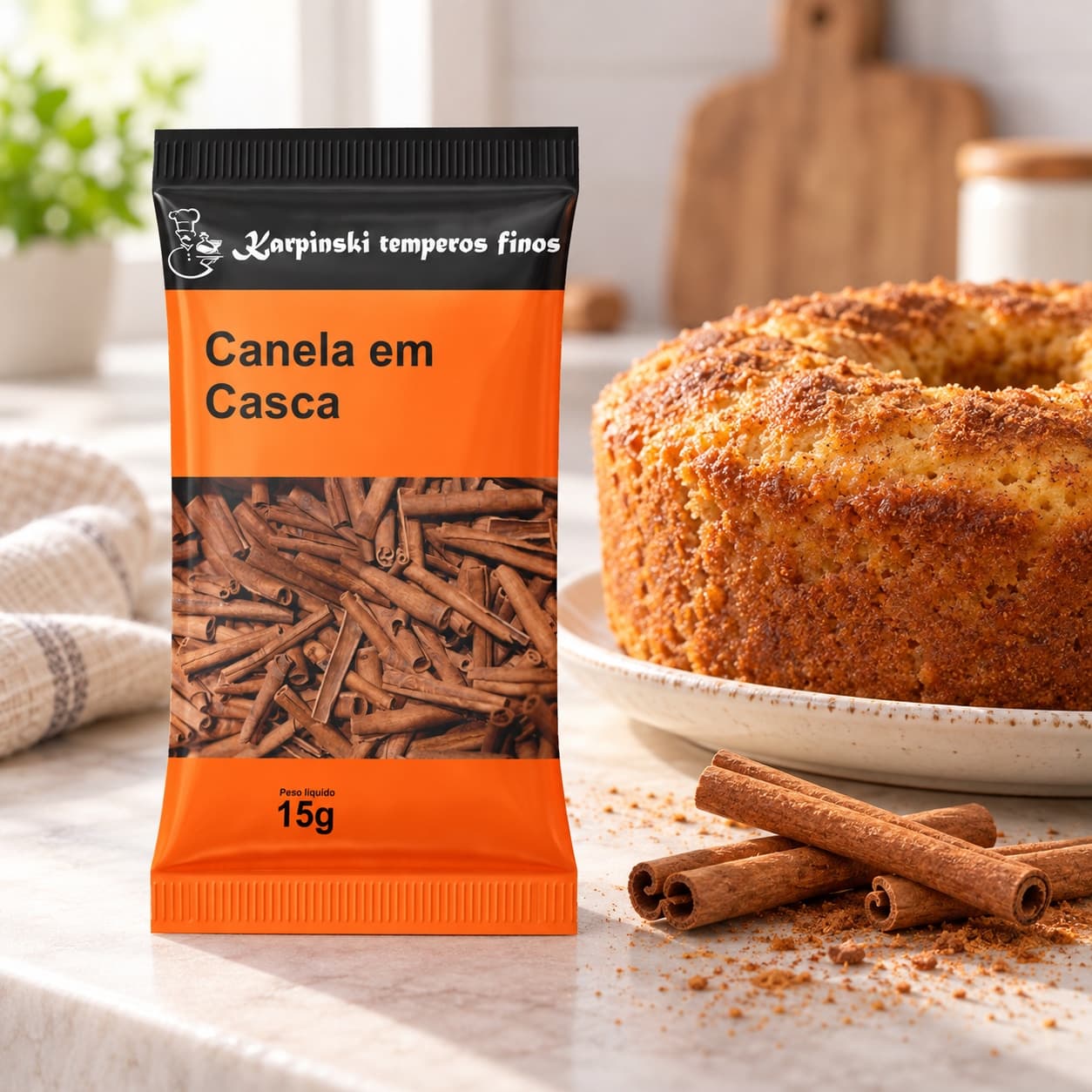 Canela em Casca em Sachê Karpinski 15 g — ao lado de bolo caseiro