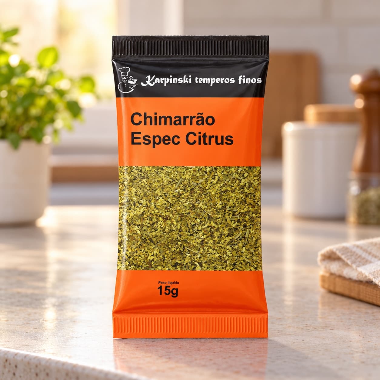 Chá Chimarrão Especial Citrus Karpinski 15 g — na bancada da cozinha