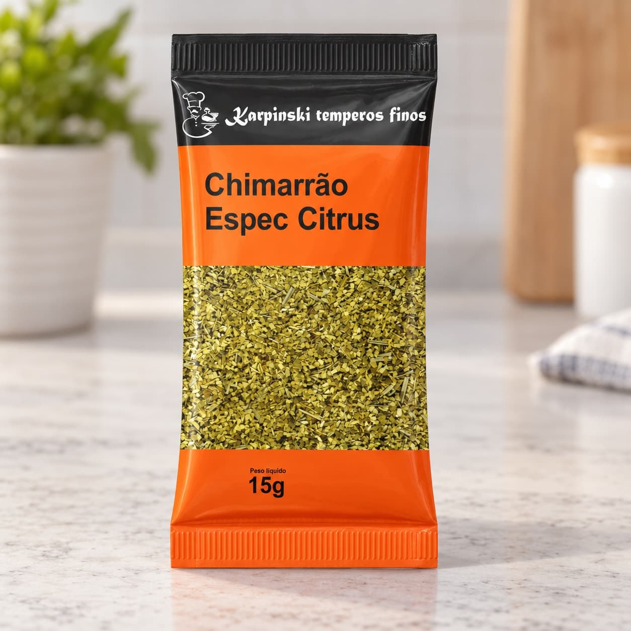 Chá Chimarrão Especial Citrus Karpinski 15 g — detalhe da embalagem e do rótulo