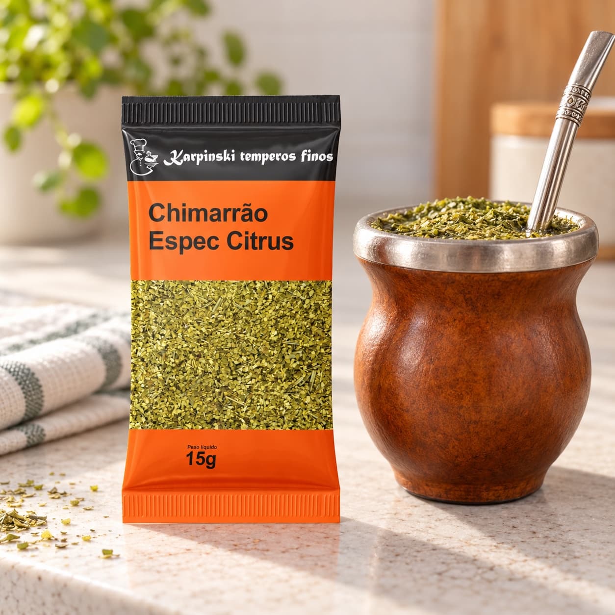 Chá Chimarrão Especial Citrus Karpinski 15 g — ao lado de cuia de chimarrão na bancada