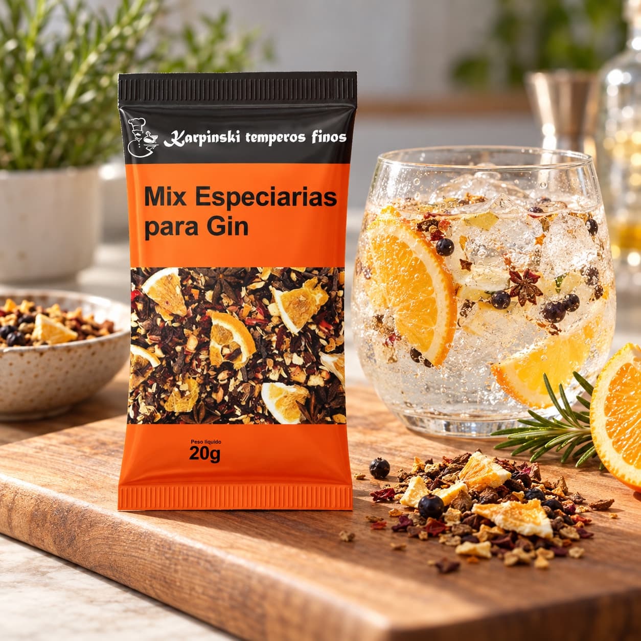 Mix de Especiarias para Gin em Sachê Karpinski 20 g — no preparo com bebida de tônica com gelo