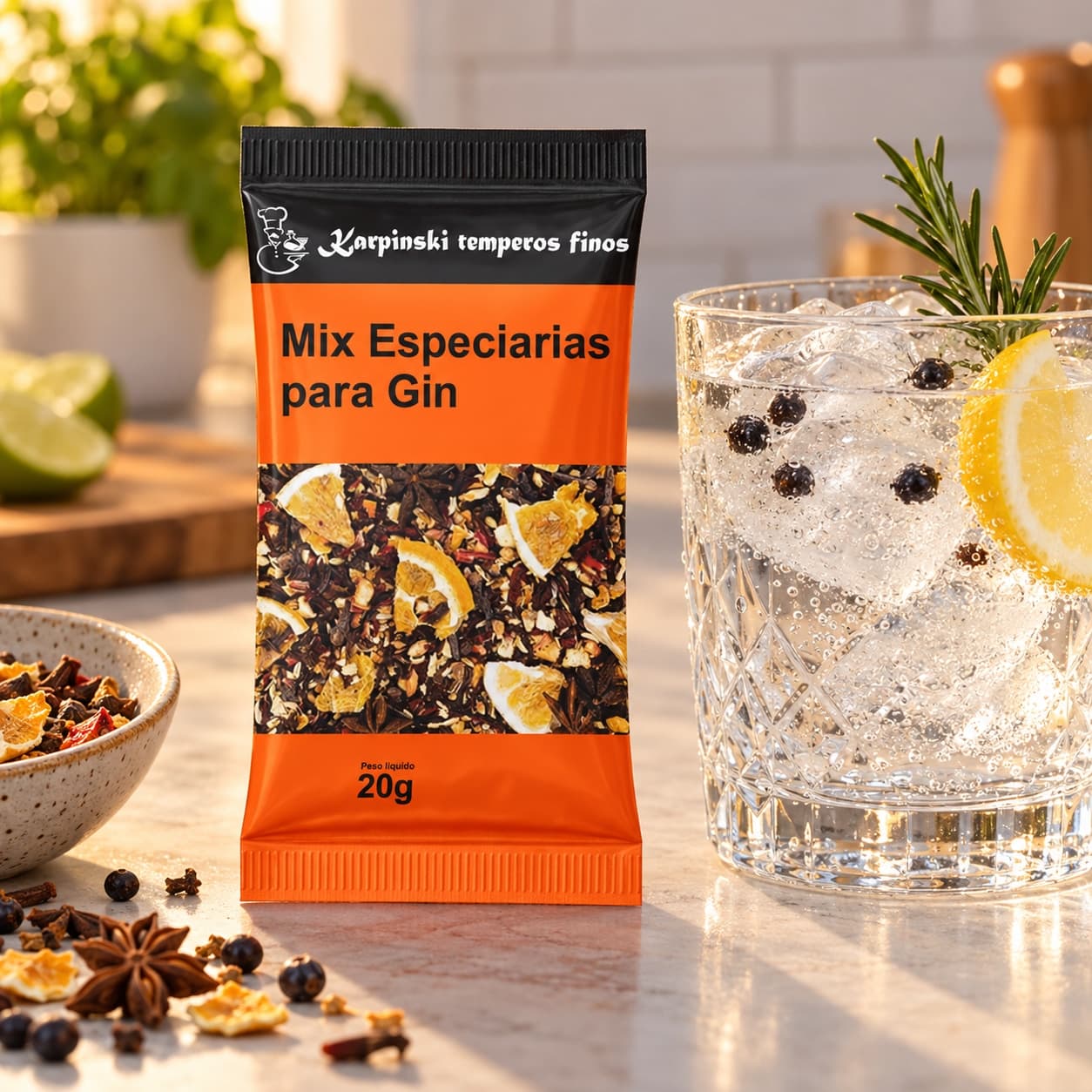 Mix de Especiarias para Gin em Sachê Karpinski 20 g — com bebida de tônica com gelo