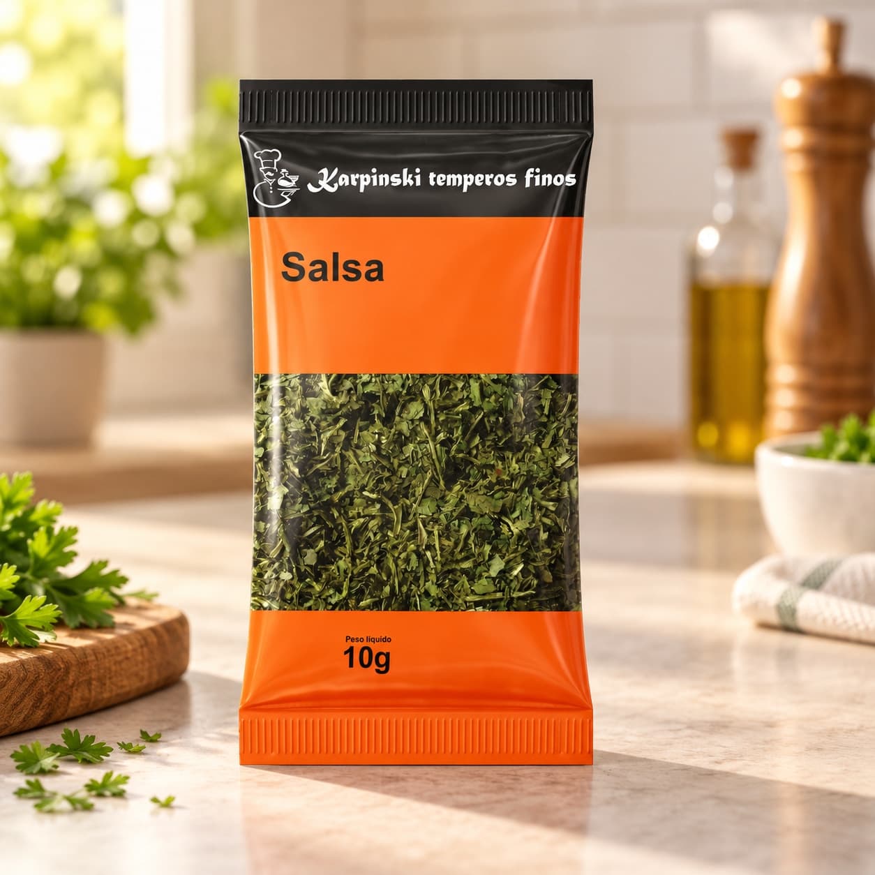Tempero Salsa Desidratada em Sachê Karpinski 10 g — na bancada da cozinha