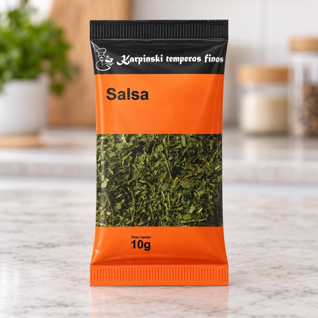 Tempero Salsa Desidratada em Sachê Karpinski 10 g — detalhe da embalagem e do rótulo