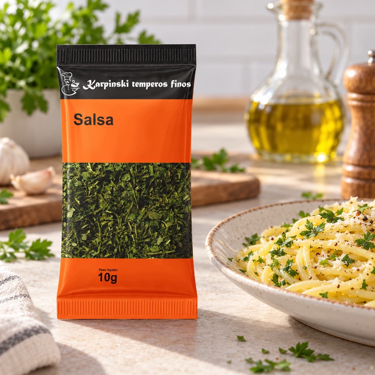 Tempero Salsa Desidratada em Sachê Karpinski 10 g — ao lado de massa com azeite