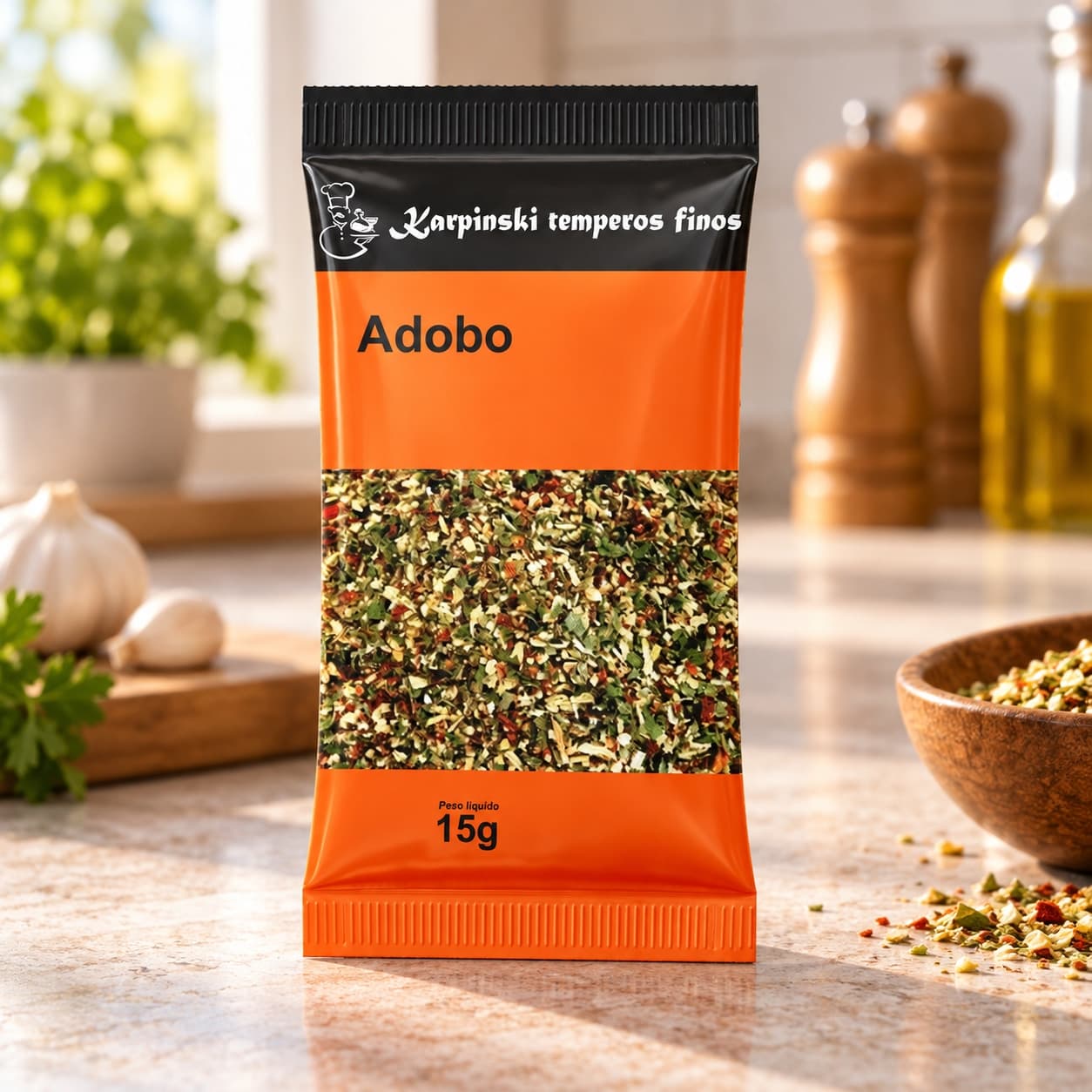 Tempero Adobo em Sachê Karpinski 15 g — na bancada da cozinha