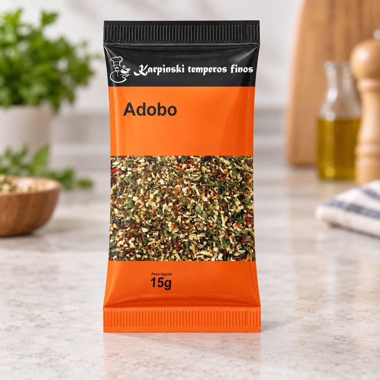 Tempero Adobo em Sachê Karpinski 15 g — detalhe da embalagem e do rótulo