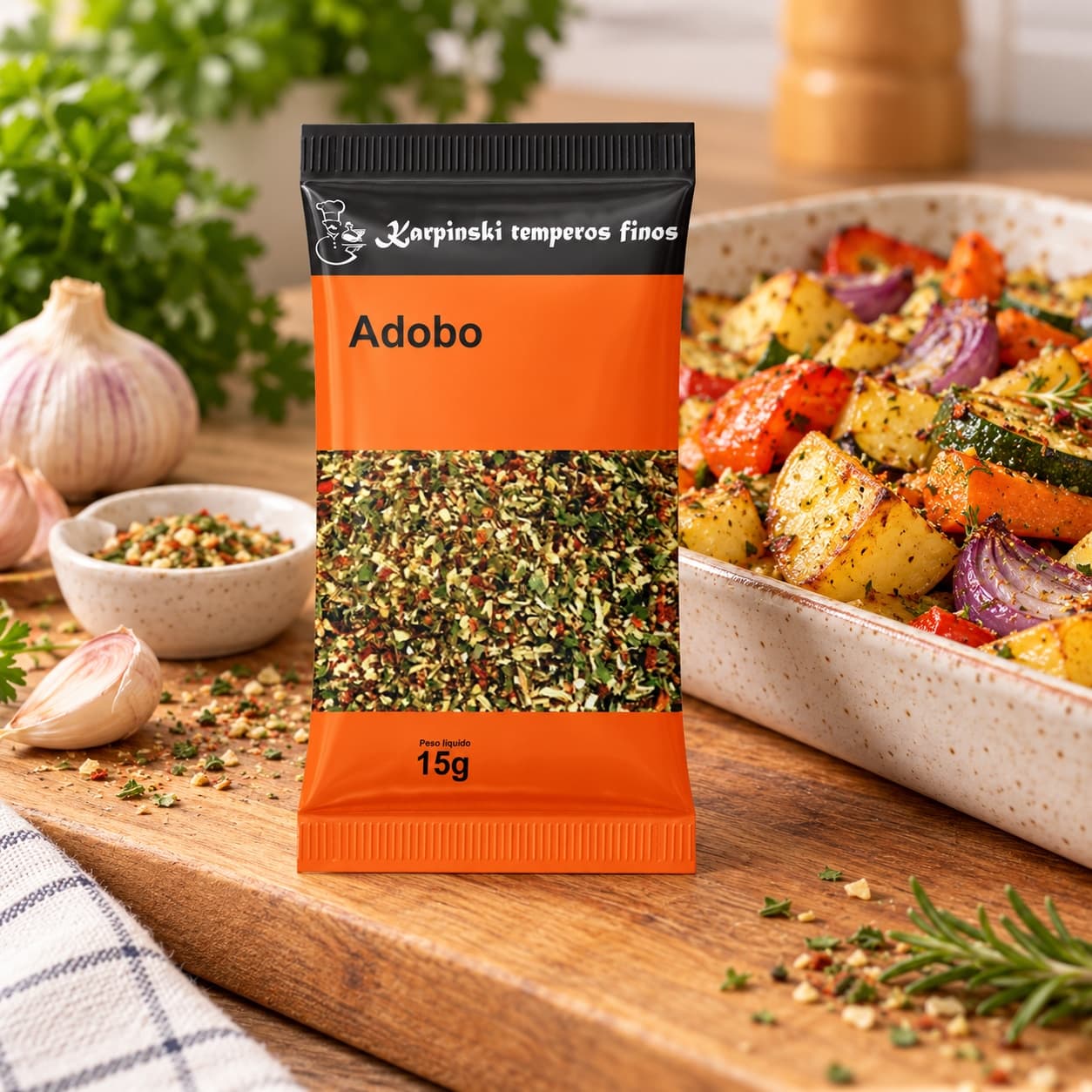 Tempero Adobo em Sachê Karpinski 15 g — no preparo com legumes assados