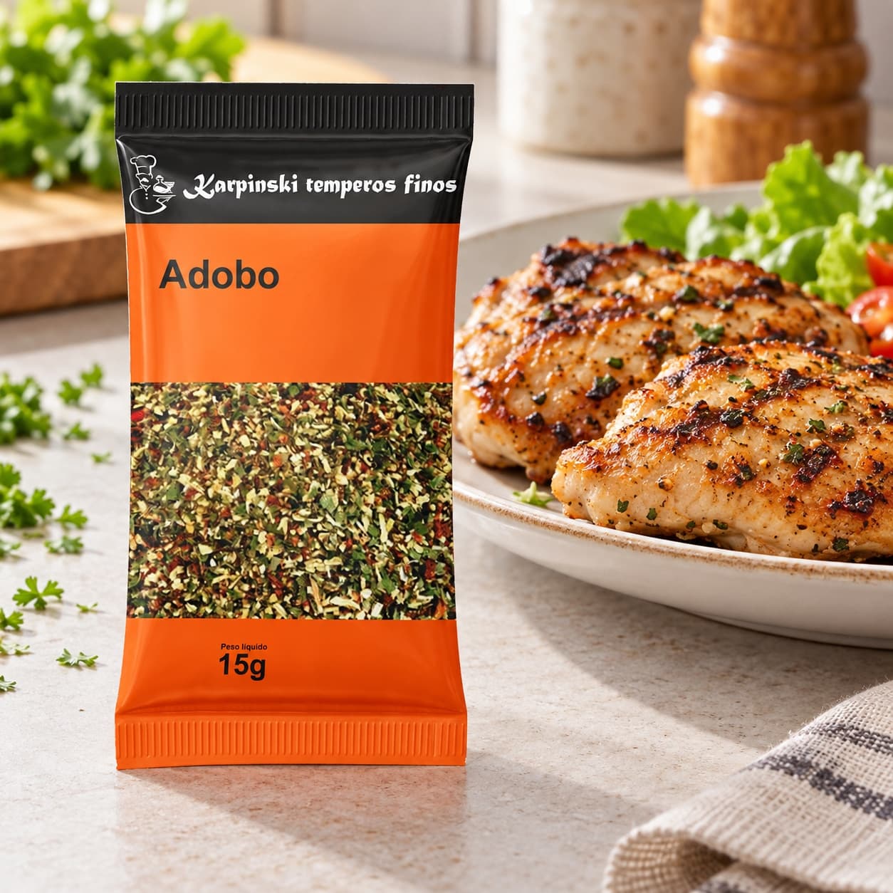 Tempero Adobo em Sachê Karpinski 15 g — ao lado de frango grelhado