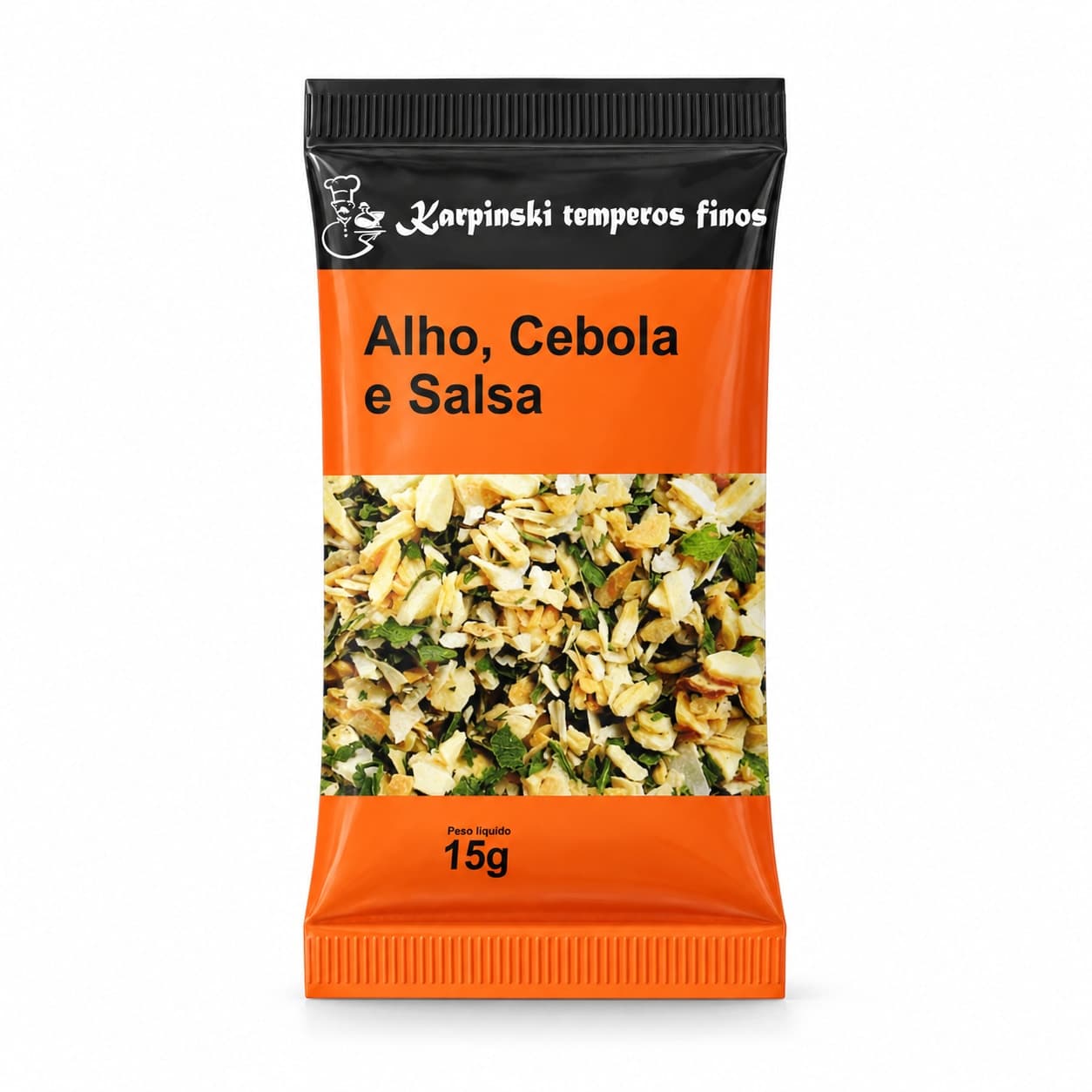 Tempero Cebola, Alho e Salsa em Sachê Karpinski 15 g — embalagem em fundo branco