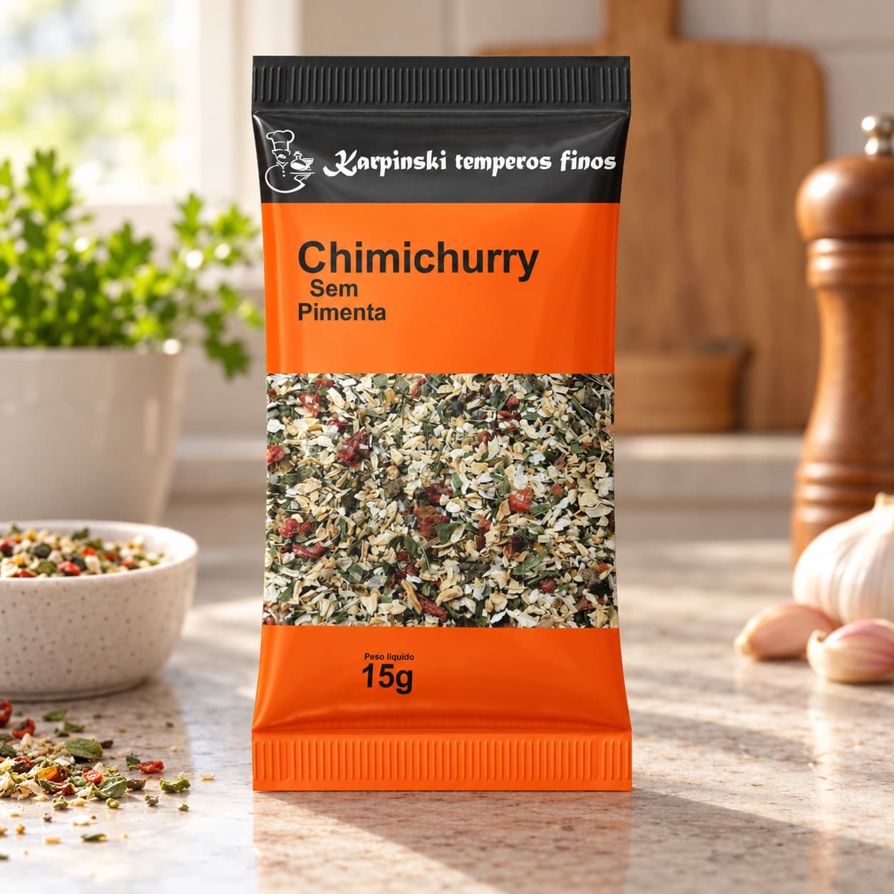 Tempero Chimichurri sem Pimenta em Sachê Karpinski 15 g — na bancada da cozinha