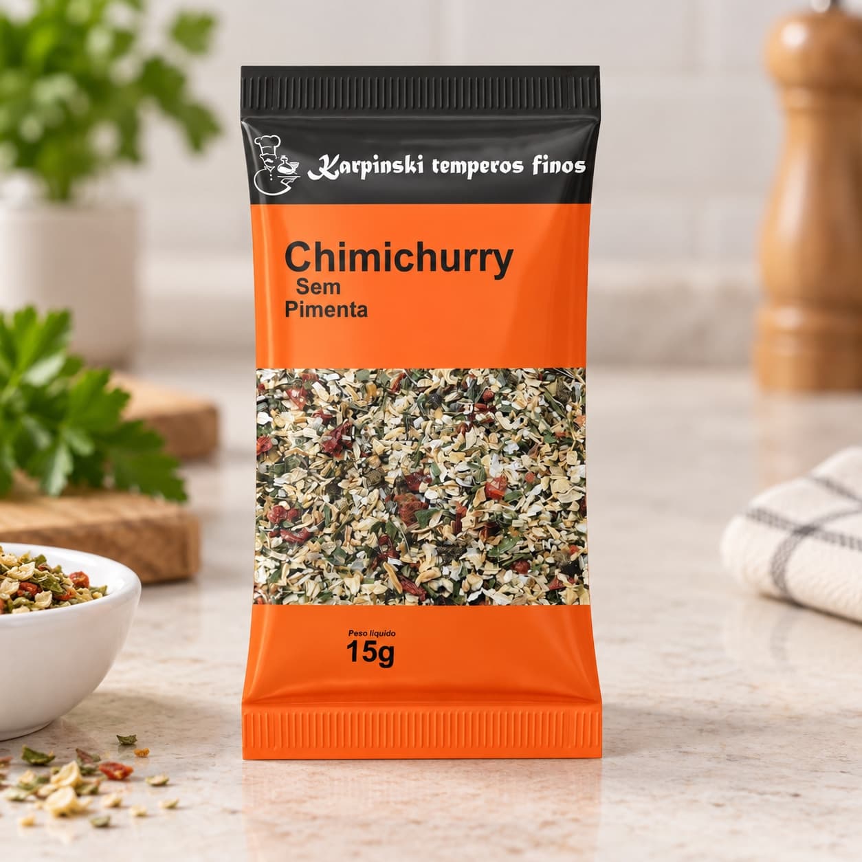Tempero Chimichurri sem Pimenta em Sachê Karpinski 15 g — detalhe da embalagem e do rótulo