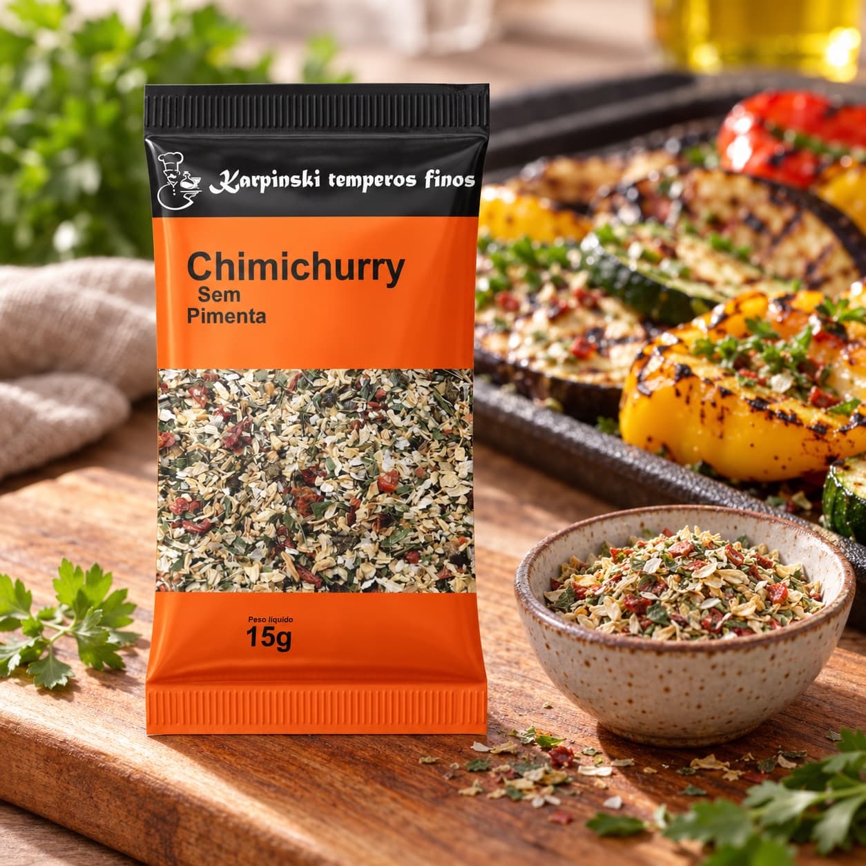 Tempero Chimichurri sem Pimenta em Sachê Karpinski 15 g — no preparo com legumes grelhados com chimichurri