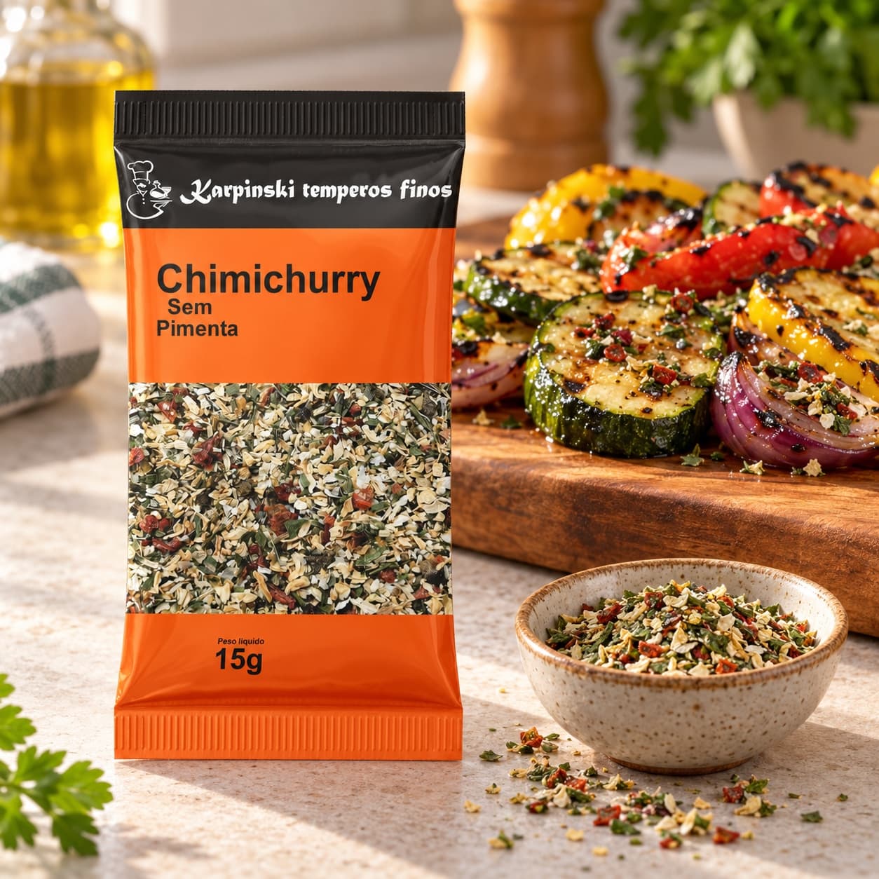 Tempero Chimichurri sem Pimenta em Sachê Karpinski 15 g — com legumes grelhados com chimichurri