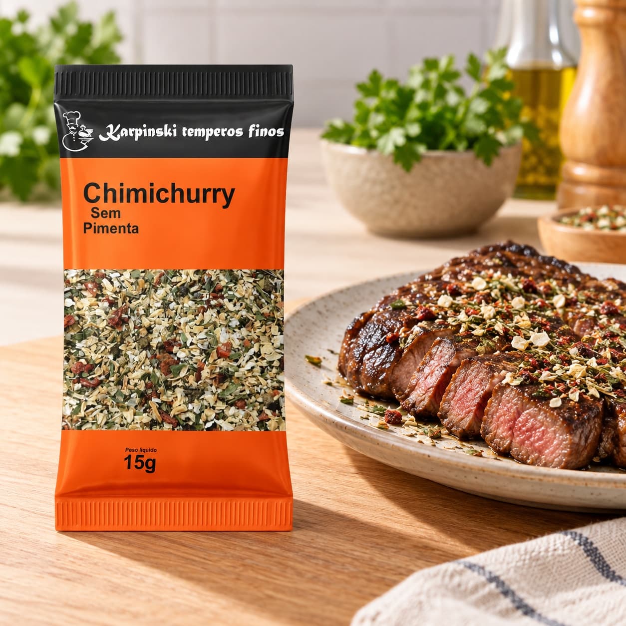 Tempero Chimichurri sem Pimenta em Sachê Karpinski 15 g — ao lado de carne grelhada
