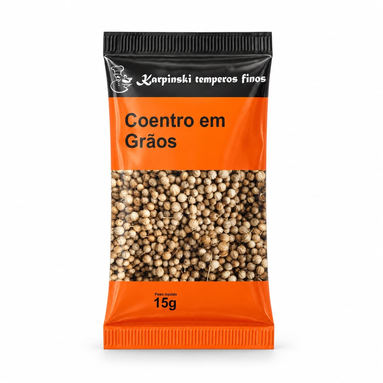 Tempero Coentro em Grãos em Sachê Karpinski 15 g — embalagem em fundo branco