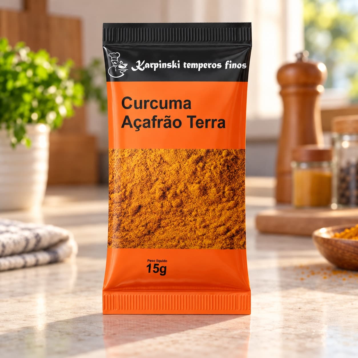 Tempero Cúrcuma (Açafrão da Terra) em Sachê Karpinski 15 g — na bancada da cozinha