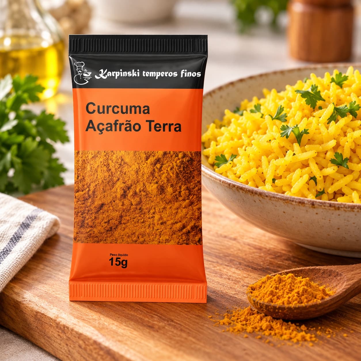 Tempero Cúrcuma (Açafrão da Terra) em Sachê Karpinski 15 g — no preparo com arroz dourado