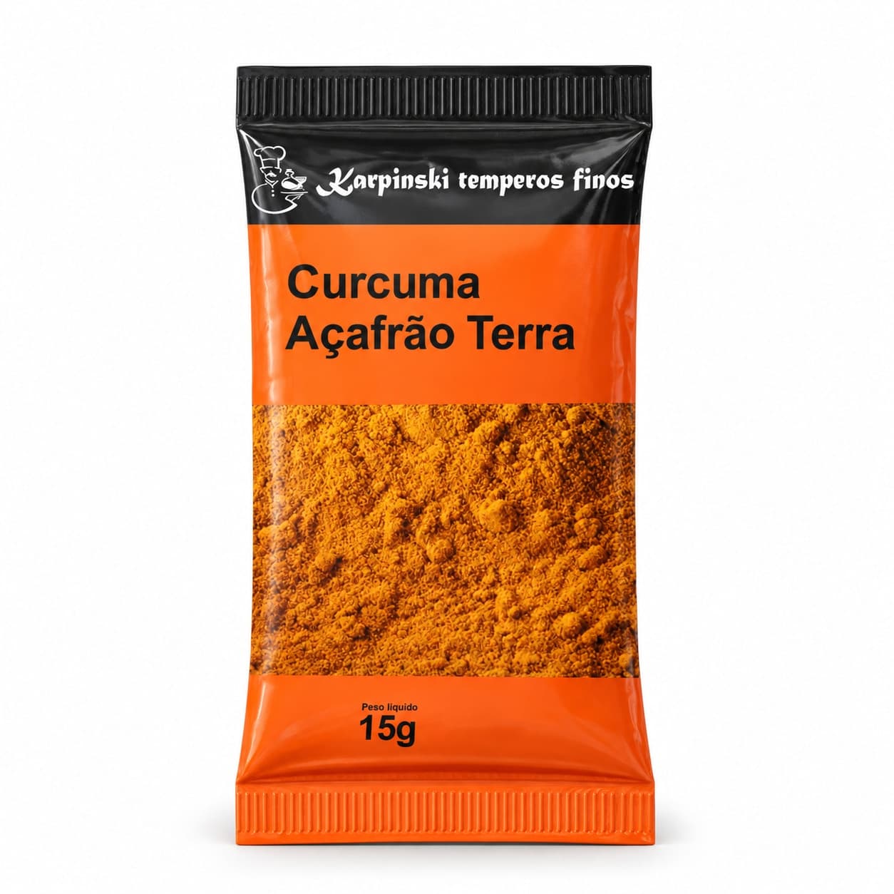 Tempero Cúrcuma (Açafrão da Terra) em Sachê Karpinski 15 g — embalagem em fundo branco