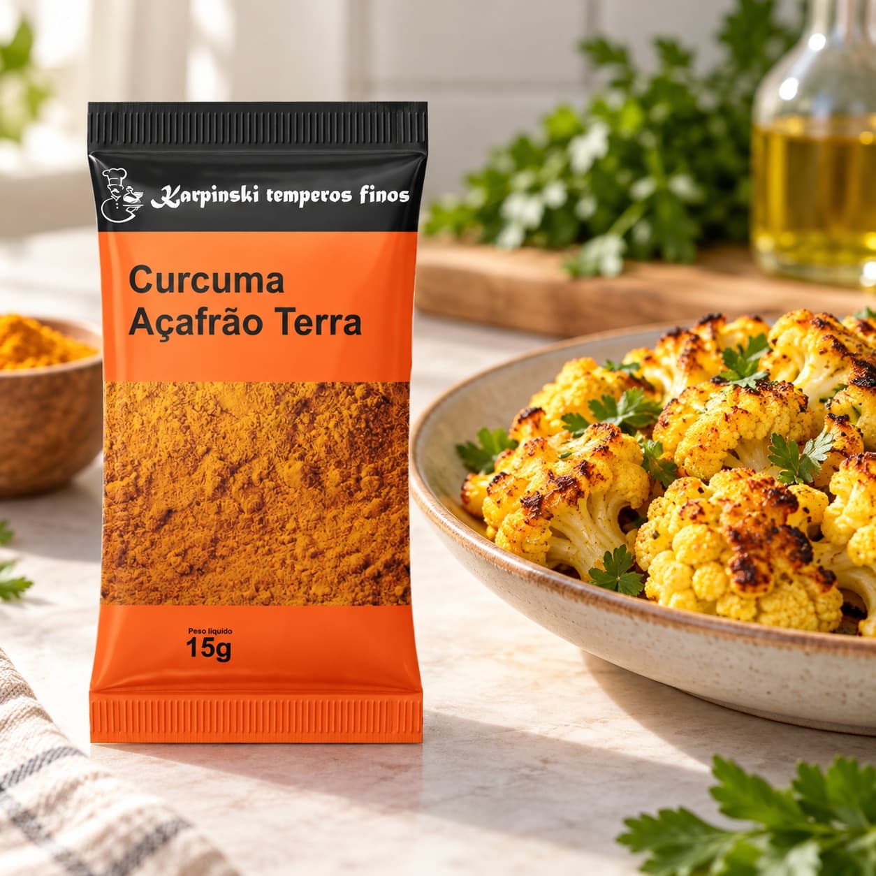 Tempero Cúrcuma (Açafrão da Terra) em Sachê Karpinski 15 g — ao lado de couve-flor assada