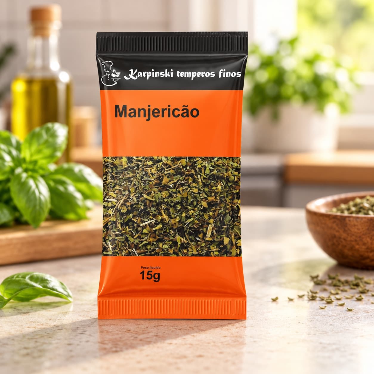 Tempero Manjericão em Sachê Karpinski 15 g — na bancada da cozinha