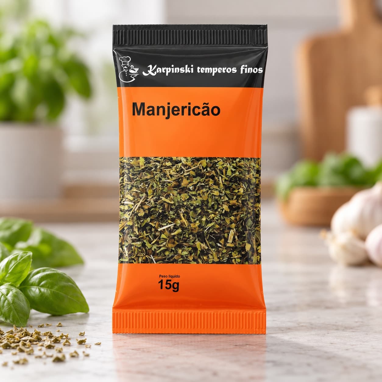 Tempero Manjericão em Sachê Karpinski 15 g — detalhe da embalagem e do rótulo