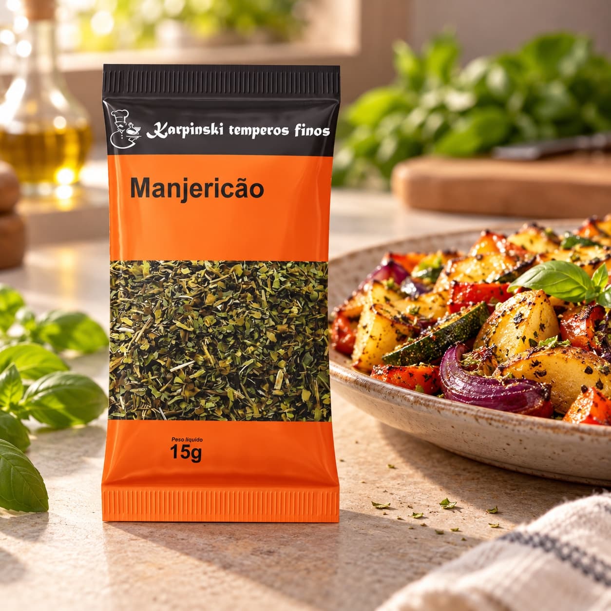 Tempero Manjericão em Sachê Karpinski 15 g — com legumes assados