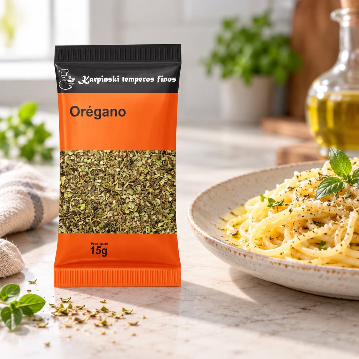Tempero Orégano em Sachê Karpinski 15 g — ao lado de massa com azeite