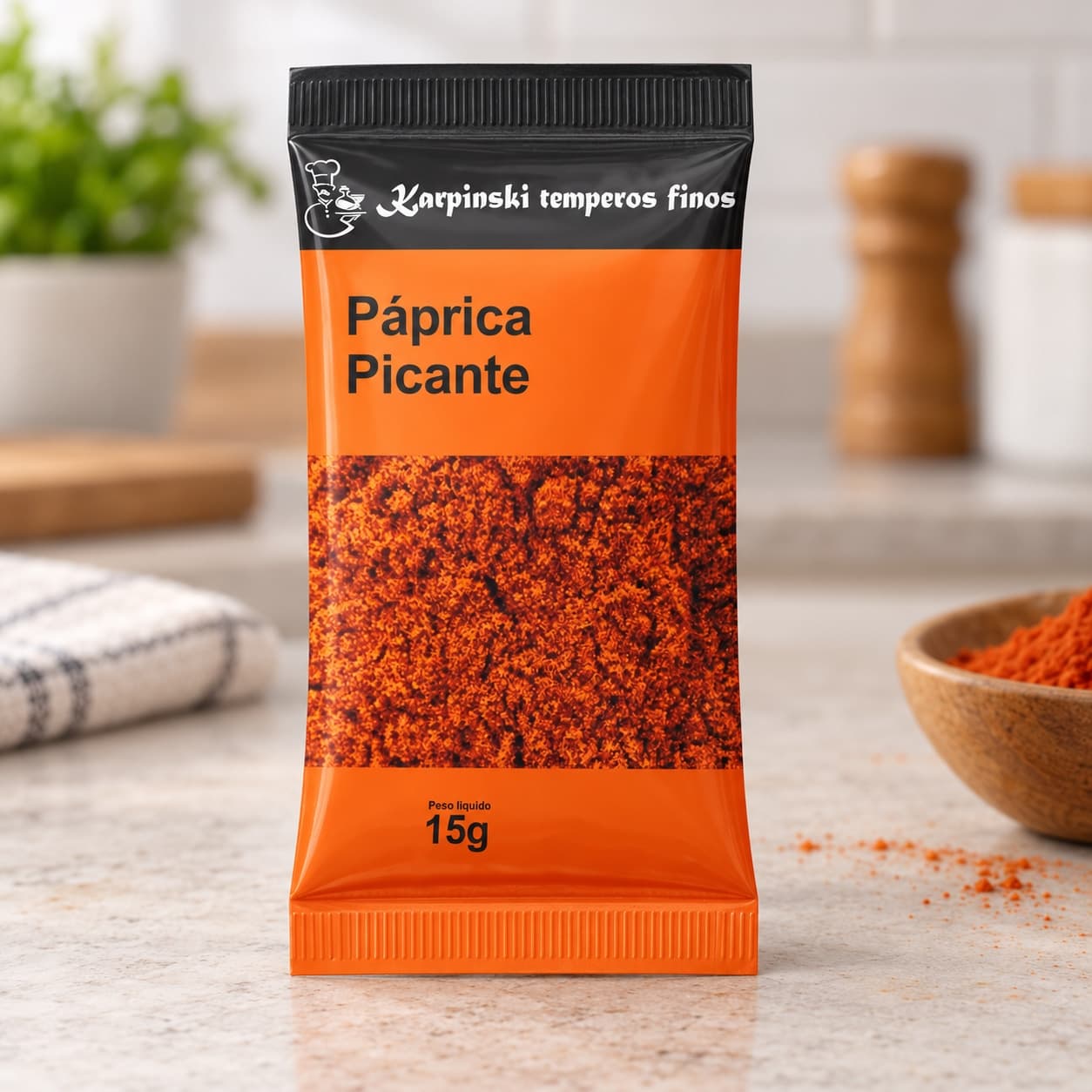 Tempero Páprica Picante em Sachê Karpinski 15 g — detalhe da embalagem e do rótulo
