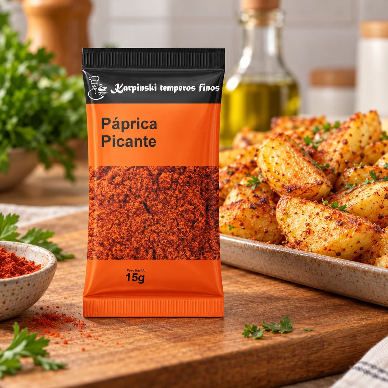 Tempero Páprica Picante em Sachê Karpinski 15 g — no preparo com batatas assadas