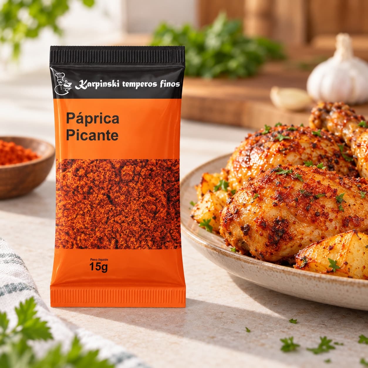 Tempero Páprica Picante em Sachê Karpinski 15 g — ao lado de frango assado