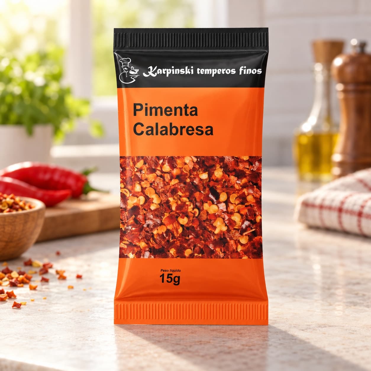 Tempero Pimenta Calabresa em Sachê Karpinski 15 g — na bancada da cozinha