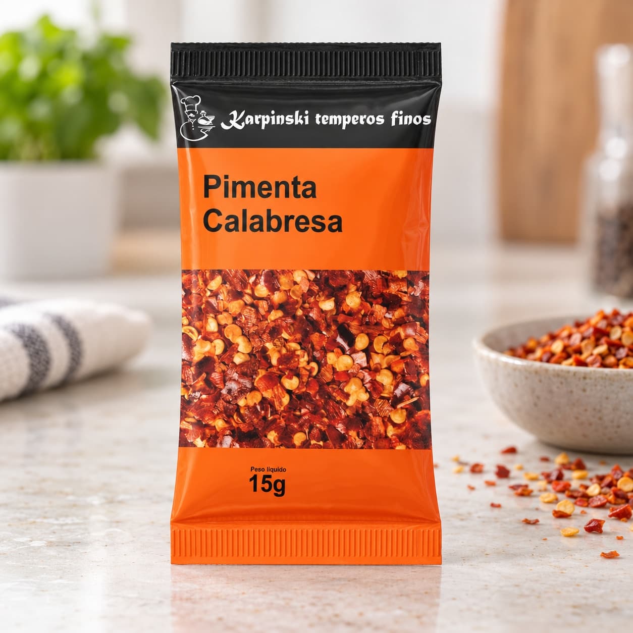 Tempero Pimenta Calabresa em Sachê Karpinski 15 g — detalhe da embalagem e do rótulo