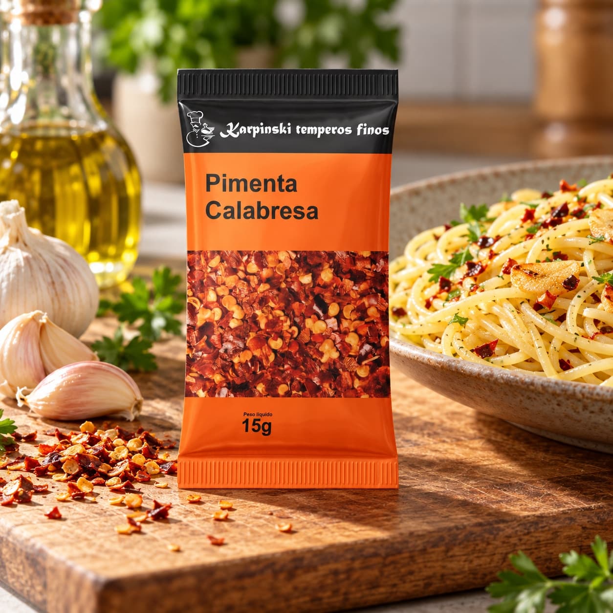 Tempero Pimenta Calabresa em Sachê Karpinski 15 g — no preparo com espaguete ao alho e óleo