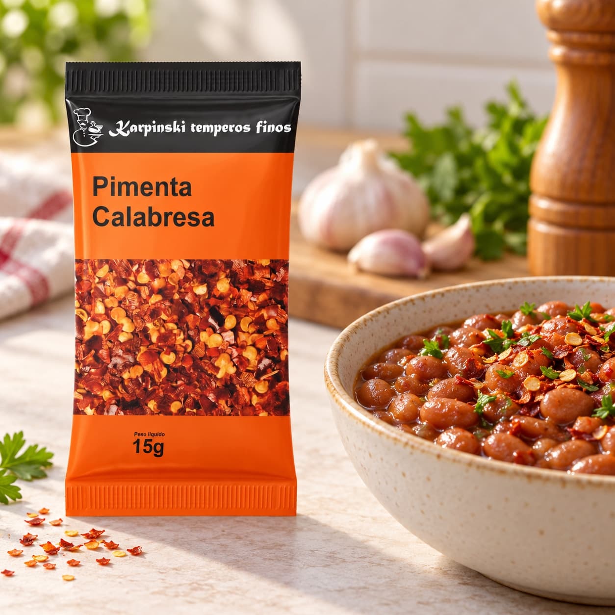 Tempero Pimenta Calabresa em Sachê Karpinski 15 g — ao lado de feijão cozido