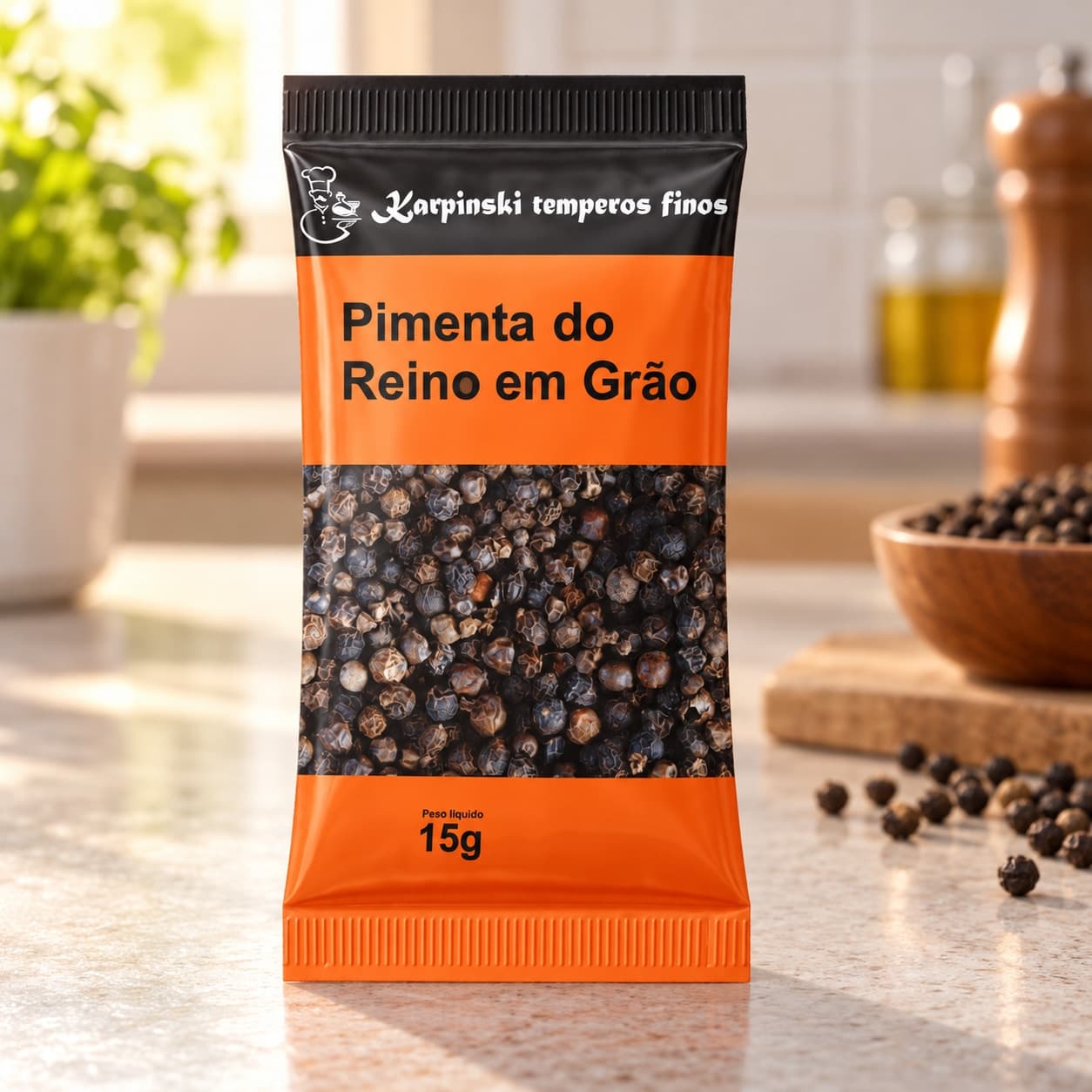 Tempero Pimenta-do-Reino em Grão em Sachê Karpinski 15 g — na bancada da cozinha
