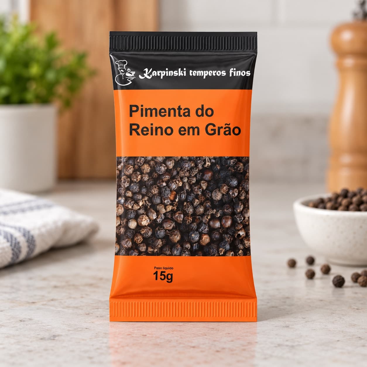 Tempero Pimenta-do-Reino em Grão em Sachê Karpinski 15 g — detalhe da embalagem e do rótulo