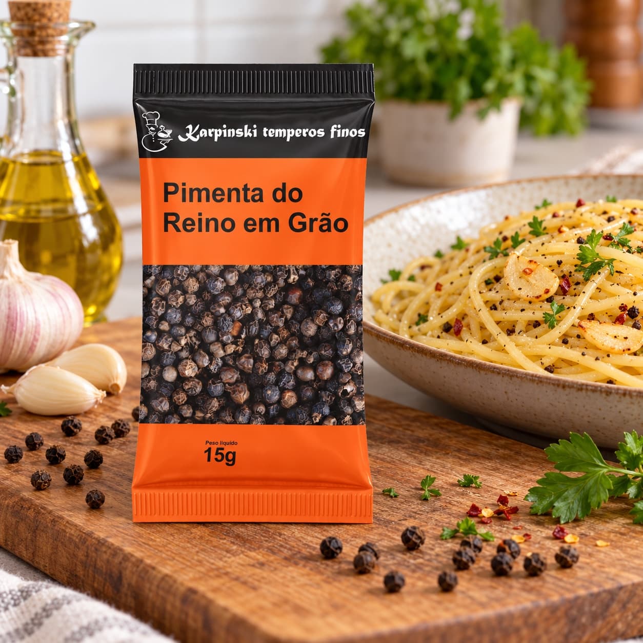 Tempero Pimenta-do-Reino em Grão em Sachê Karpinski 15 g — no preparo com espaguete ao alho e óleo