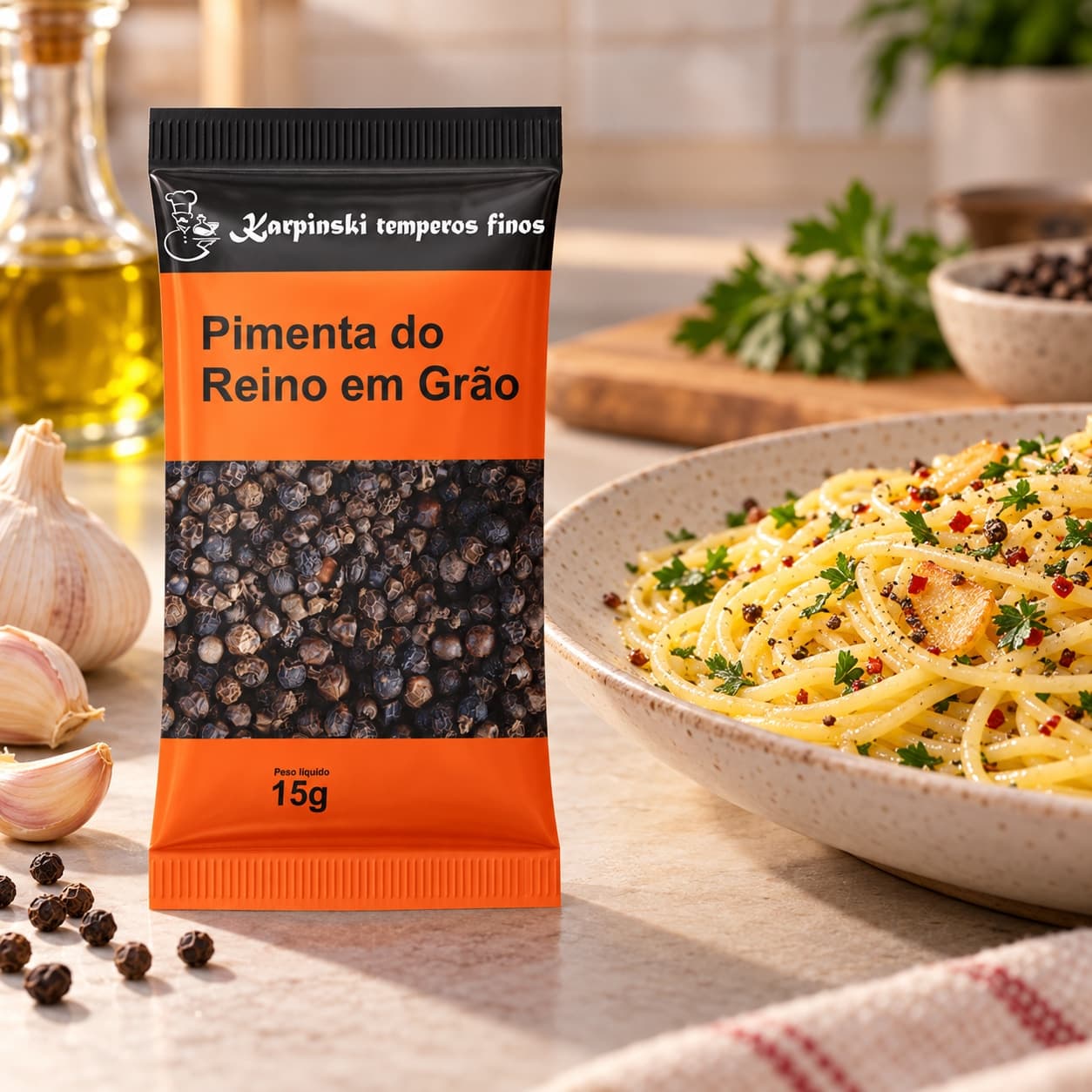 Tempero Pimenta-do-Reino em Grão em Sachê Karpinski 15 g — com espaguete ao alho e óleo