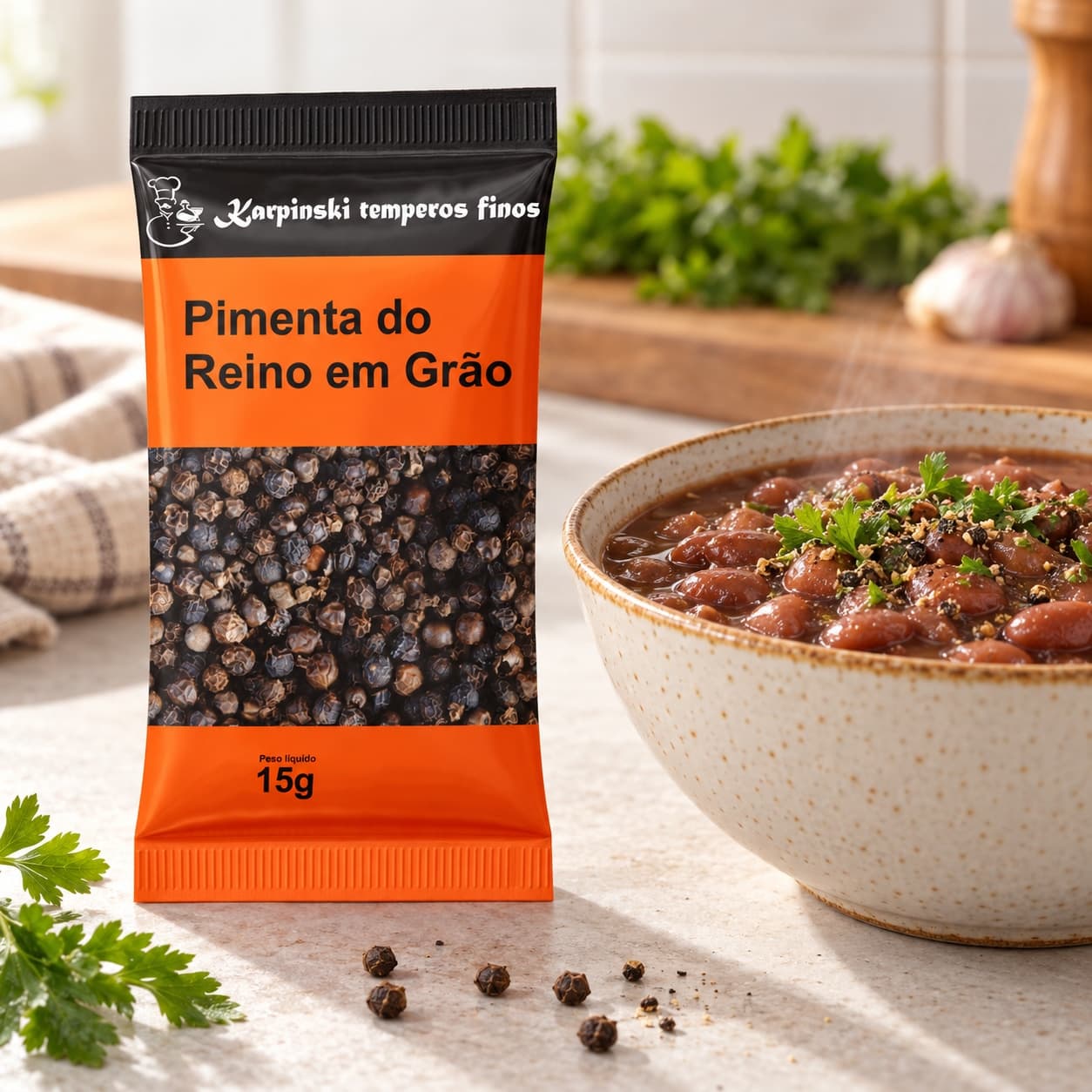 Tempero Pimenta-do-Reino em Grão em Sachê Karpinski 15 g — ao lado de feijão cozido