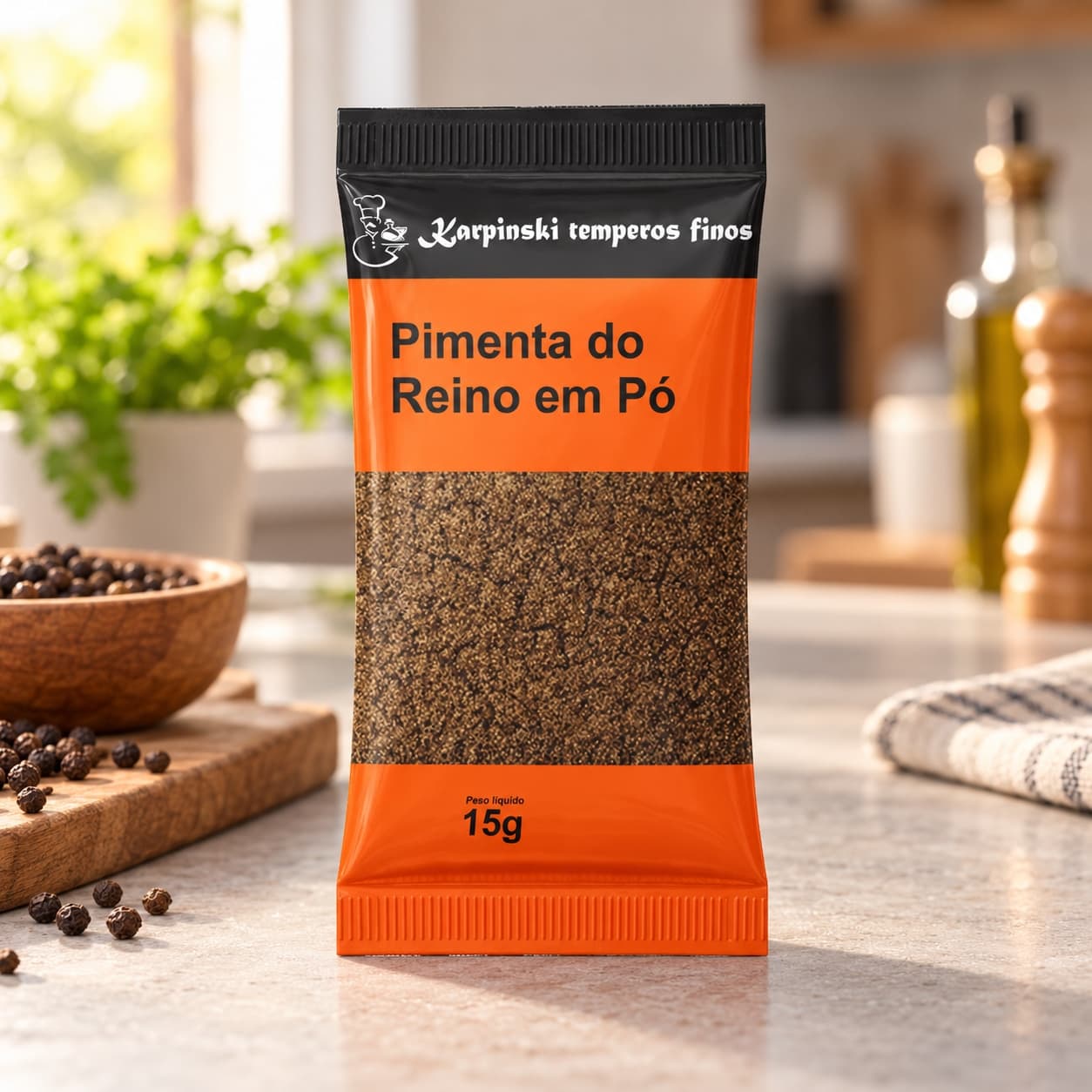 Tempero Pimenta-do-Reino Moída em Sachê Karpinski 15 g — na bancada da cozinha