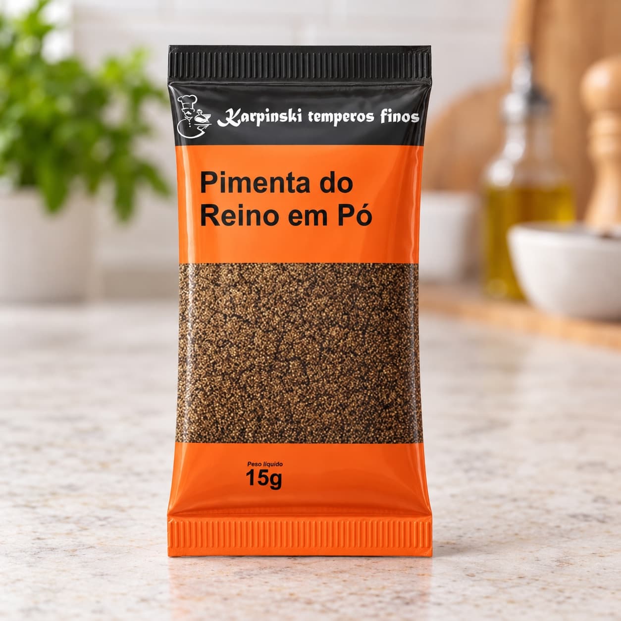 Tempero Pimenta-do-Reino Moída em Sachê Karpinski 15 g — detalhe da embalagem e do rótulo