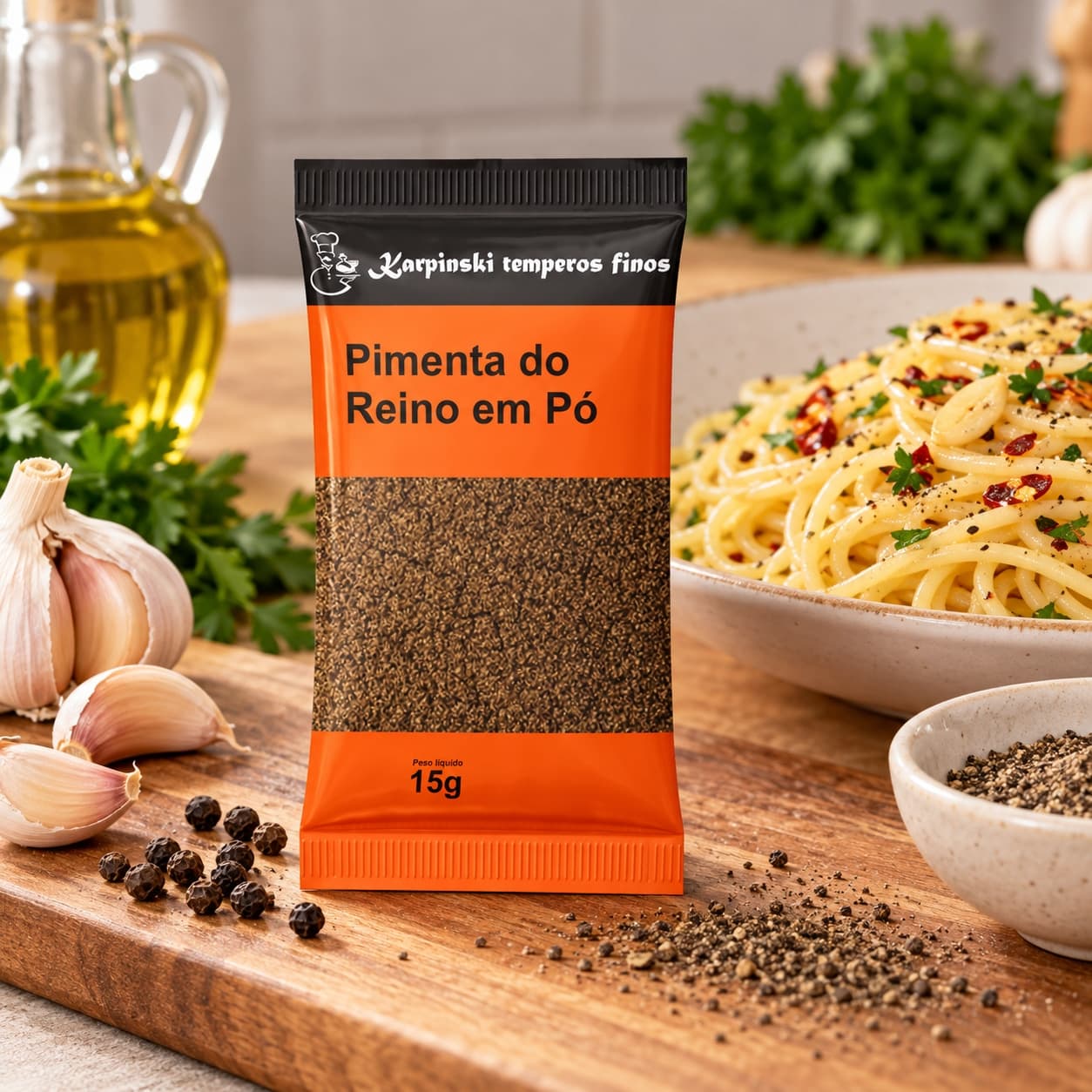 Tempero Pimenta-do-Reino Moída em Sachê Karpinski 15 g — no preparo com espaguete ao alho e óleo