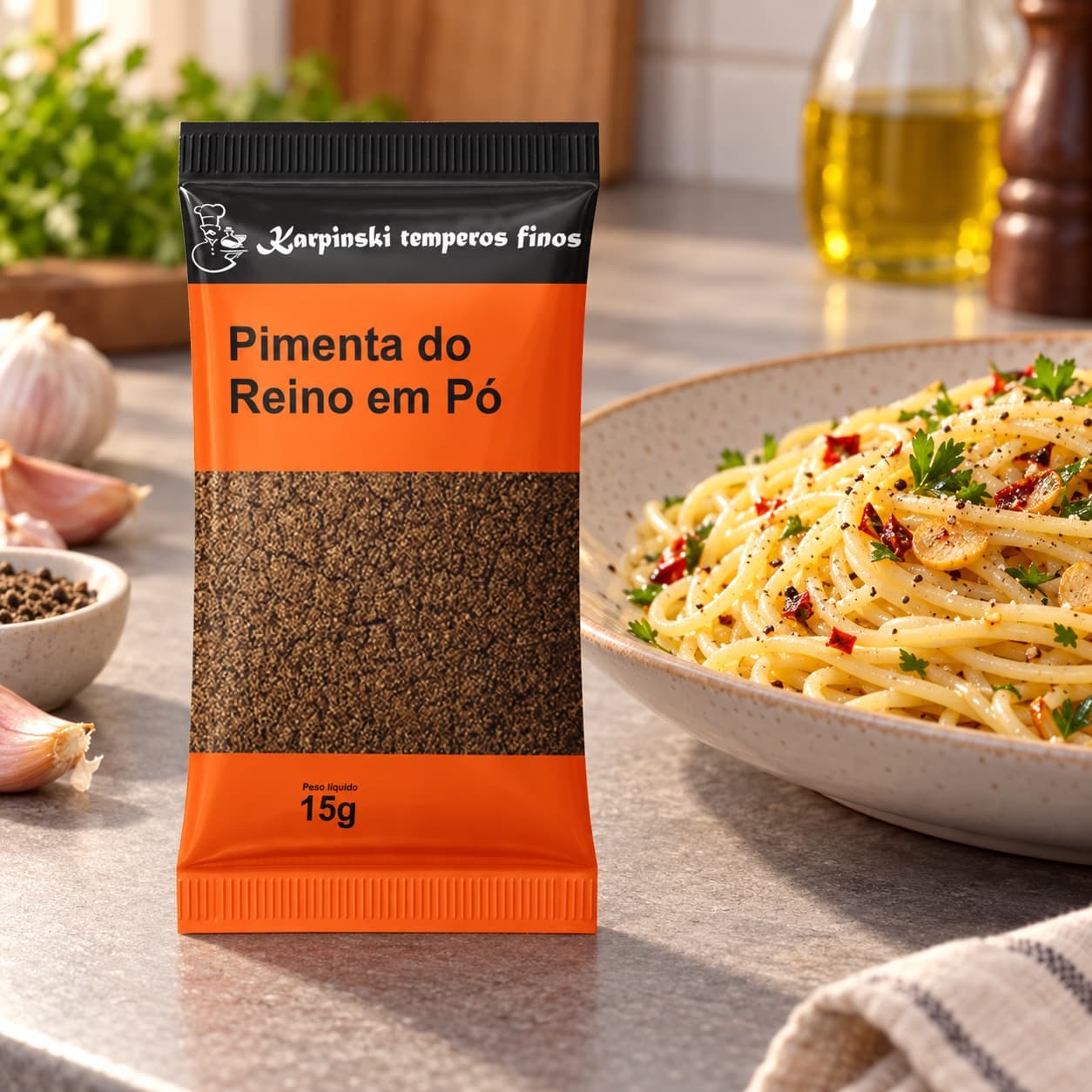 Tempero Pimenta-do-Reino Moída em Sachê Karpinski 15 g — com espaguete ao alho e óleo
