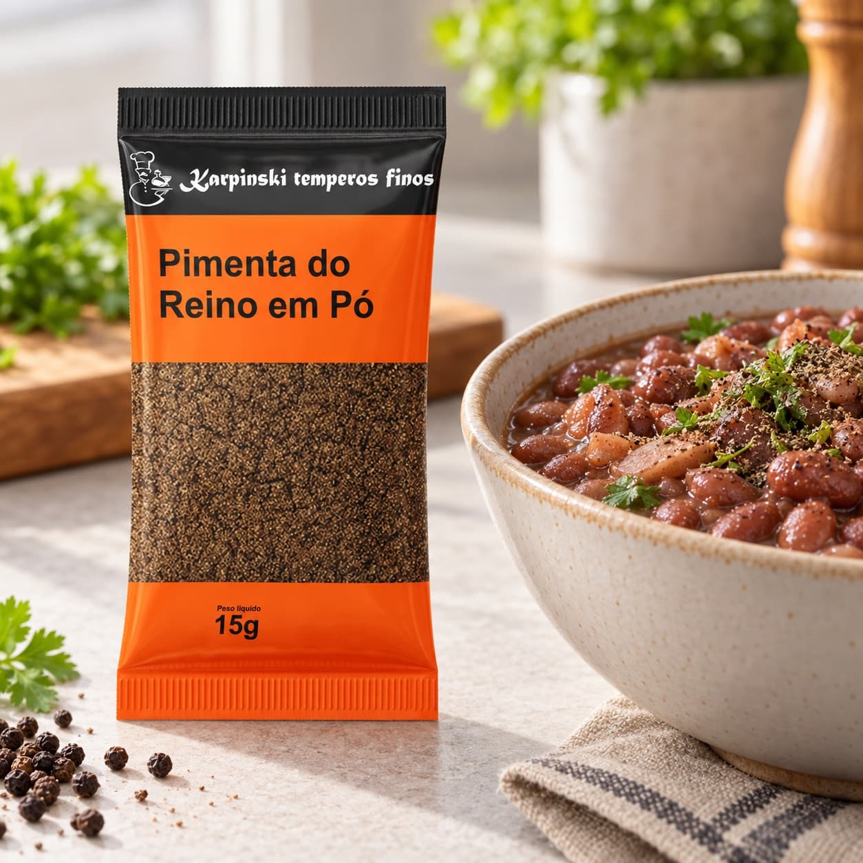 Tempero Pimenta-do-Reino Moída em Sachê Karpinski 15 g — ao lado de feijão cozido
