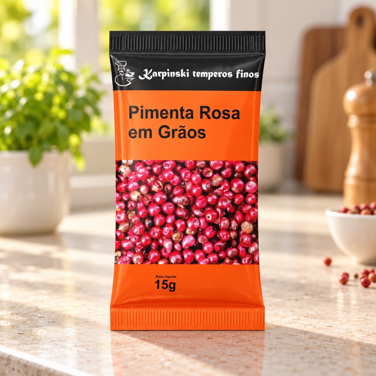 Tempero Pimenta Rosa em Grãos em Sachê Karpinski 15 g — na bancada da cozinha